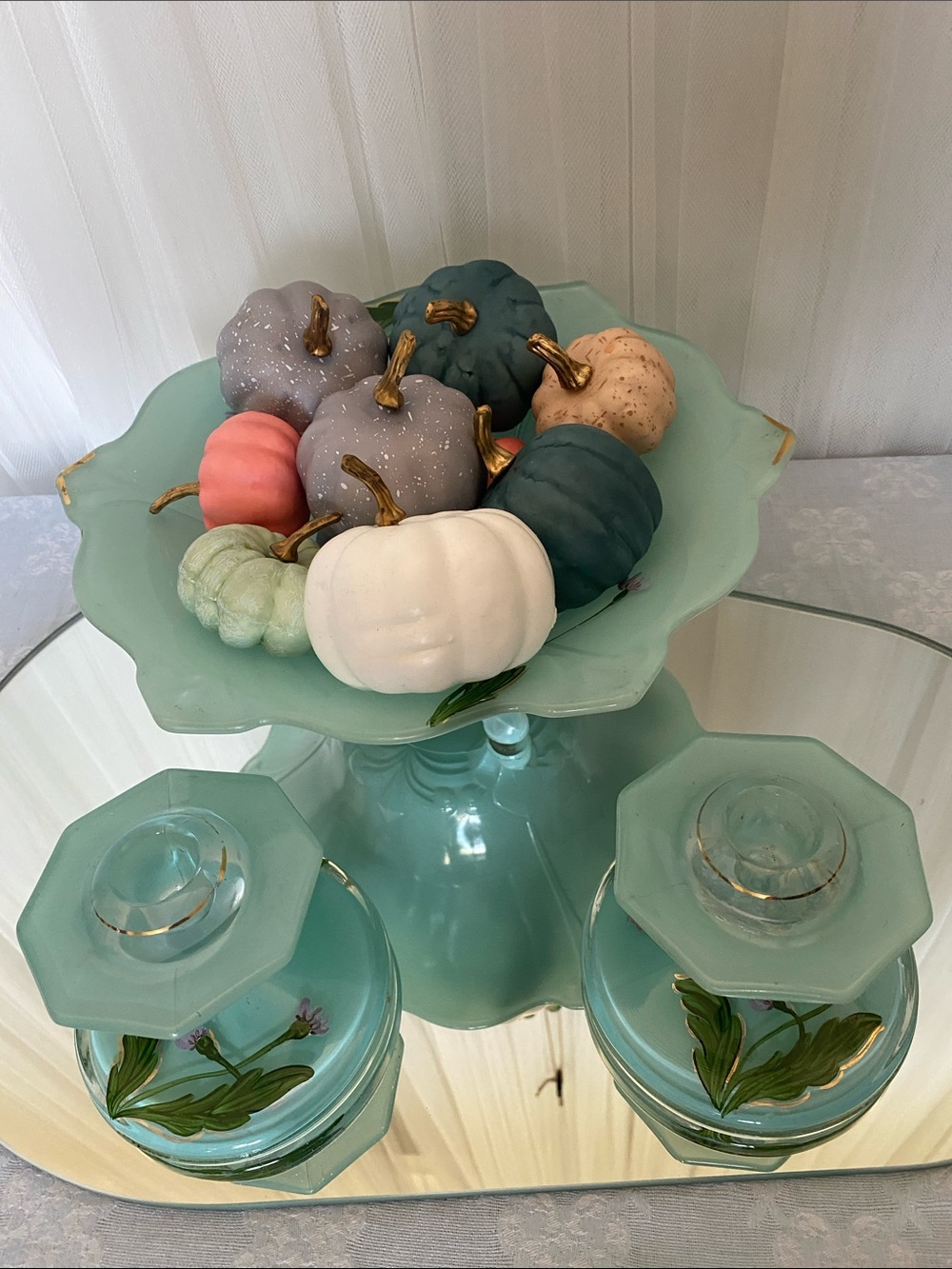 Vintage 60’s Decorative Aqua Glass Pedestal Bowl with 2 Candle Holders